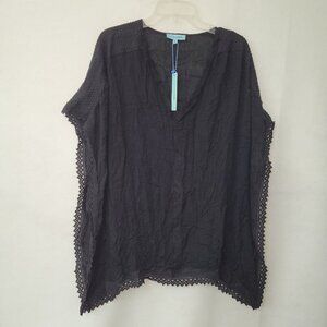 Ellen Weaver Swimsuit Coverup Womens M Black Embroidered Boho Short Sleeve Beach